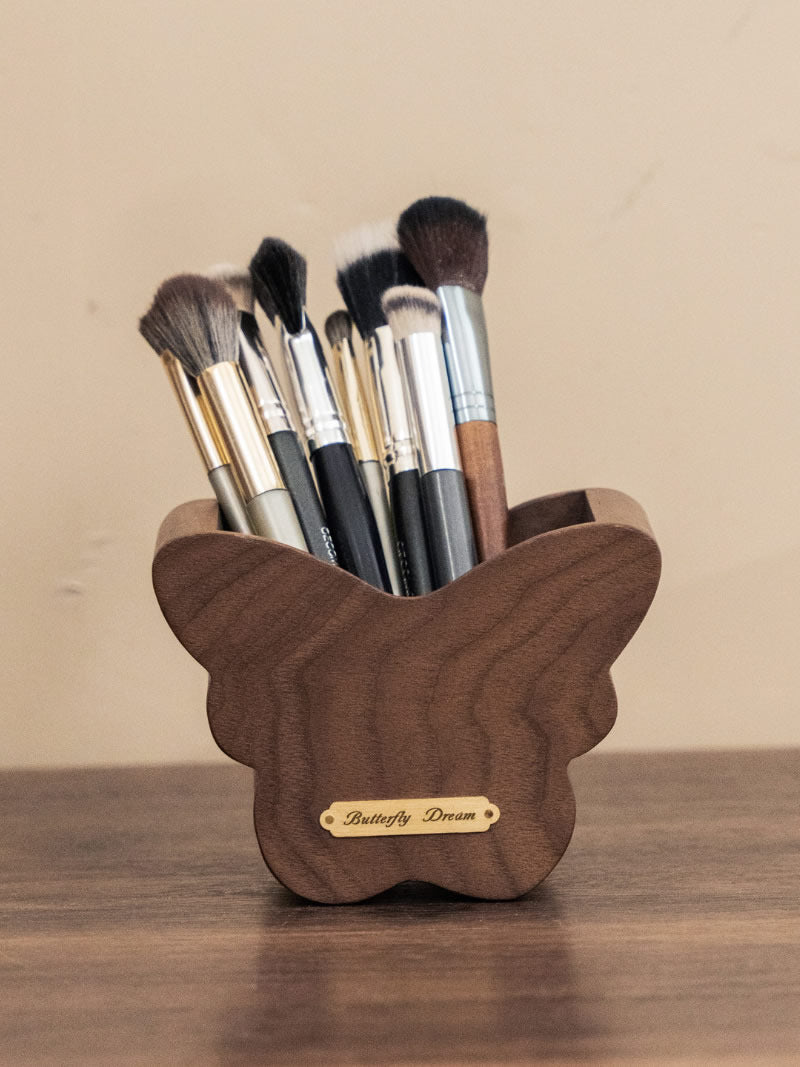 Butterfly Solid Walnut Wooden Makeup Brush Organizer & Desk Pen Holder, Aesthetic Vanity Desktop Storage Decor for Bathroom Office