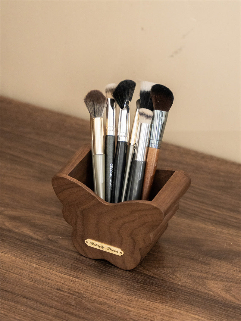 Butterfly Solid Walnut Wooden Makeup Brush Organizer & Desk Pen Holder, Aesthetic Vanity Desktop Storage Decor for Bathroom Office