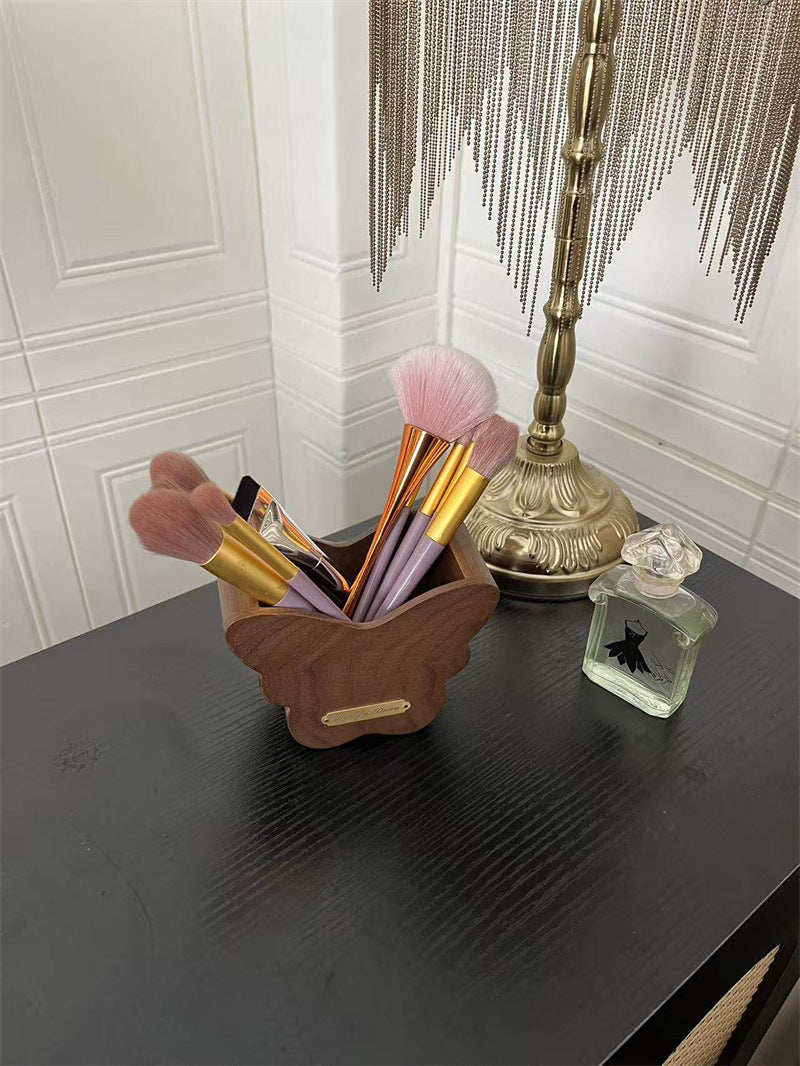 Butterfly Solid Walnut Wooden Makeup Brush Organizer & Desk Pen Holder, Aesthetic Vanity Desktop Storage Decor for Bathroom Office