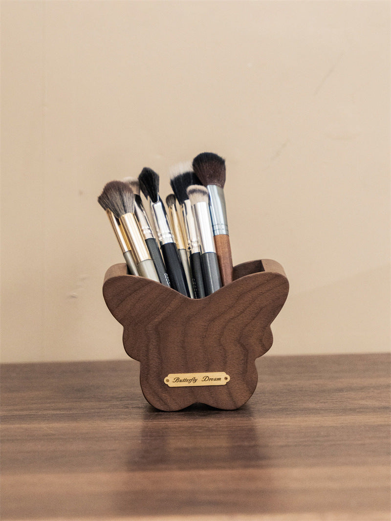 Butterfly Solid Walnut Wooden Makeup Brush Organizer & Desk Pen Holder, Aesthetic Vanity Desktop Storage Decor for Bathroom Office