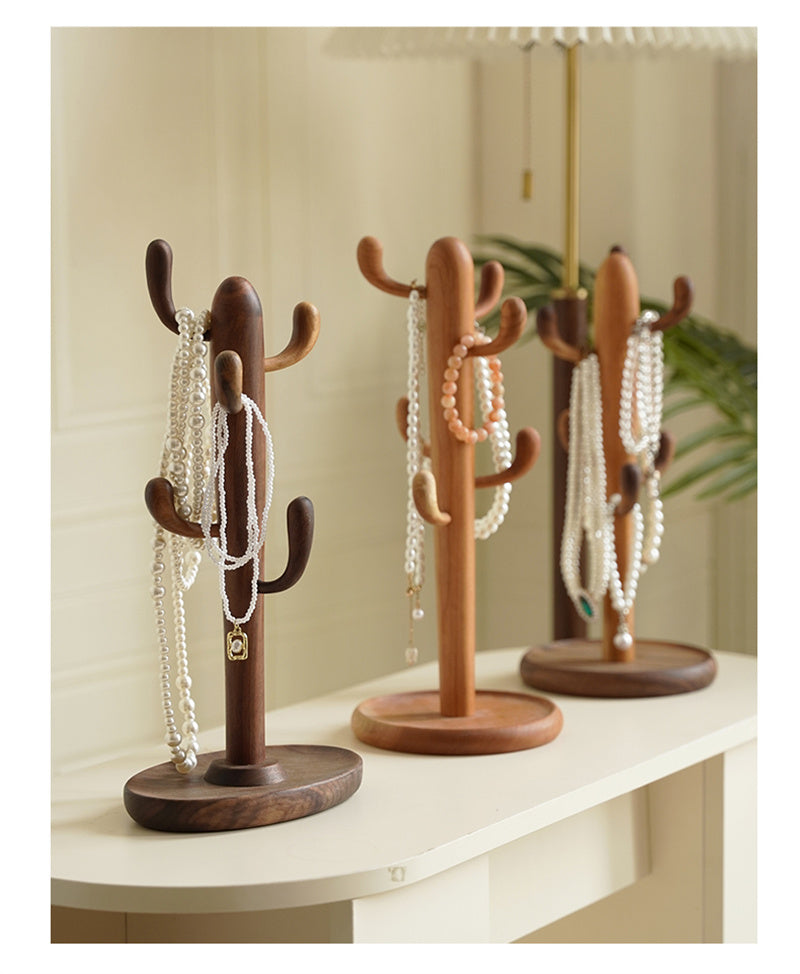 Cactus Wooden Jewelry Organizer – Rustic Necklace & Bracelet Holder Stand, Boho Jewelry Display
