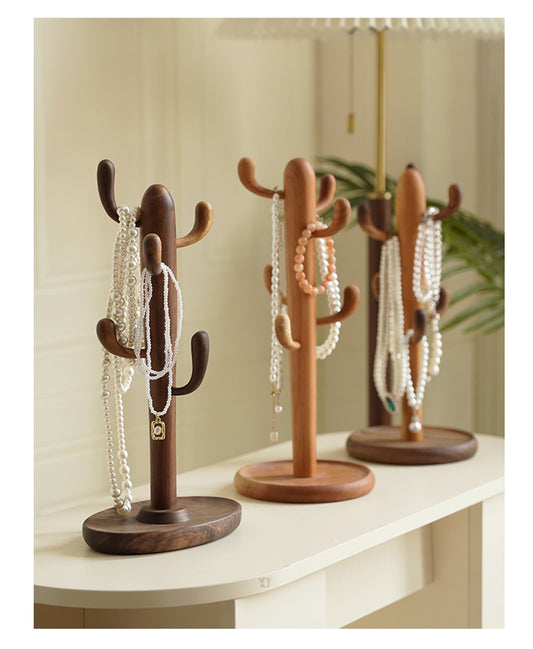 Cactus Wooden Jewelry Organizer – Rustic Necklace & Bracelet Holder Stand, Boho Jewelry Display