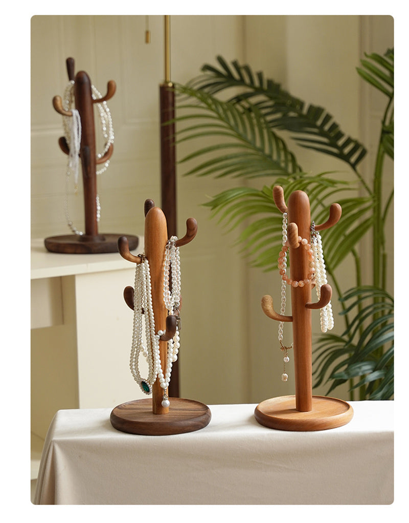 Cactus Wooden Jewelry Organizer – Rustic Necklace & Bracelet Holder Stand, Boho Jewelry Display