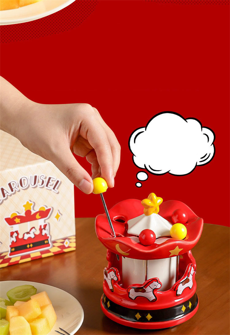 Carousel Ceramic Toothpick Holder with Fruit Forks - Festive Red Desktop Organizer for Kitchen & Dining