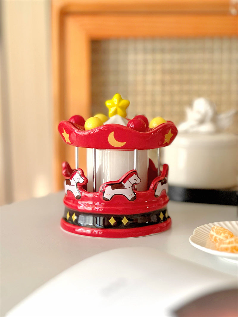 Carousel Ceramic Toothpick Holder with Fruit Forks - Festive Red Desktop Organizer for Kitchen & Dining