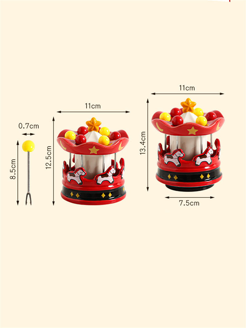 Carousel Ceramic Toothpick Holder with Fruit Forks - Festive Red Desktop Organizer for Kitchen & Dining
