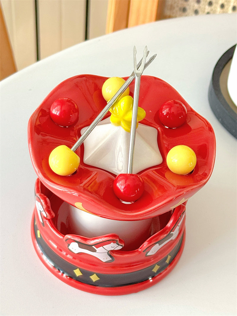 Carousel Ceramic Toothpick Holder with Fruit Forks - Festive Red Desktop Organizer for Kitchen & Dining