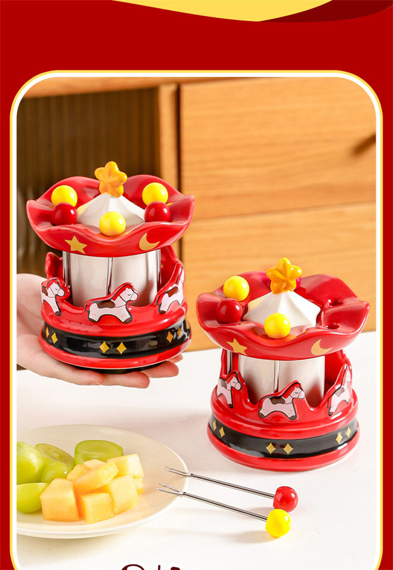 Carousel Ceramic Toothpick Holder with Fruit Forks - Festive Red Desktop Organizer for Kitchen & Dining