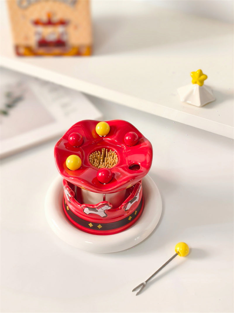 Carousel Ceramic Toothpick Holder with Fruit Forks - Festive Red Desktop Organizer for Kitchen & Dining