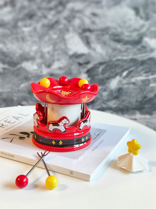Carousel Ceramic Toothpick Holder with Fruit Forks - Festive Red Desktop Organizer for Kitchen & Dining