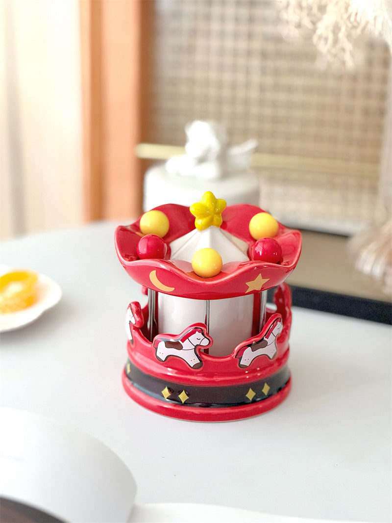 Carousel Ceramic Toothpick Holder with Fruit Forks - Festive Red Desktop Organizer for Kitchen & Dining