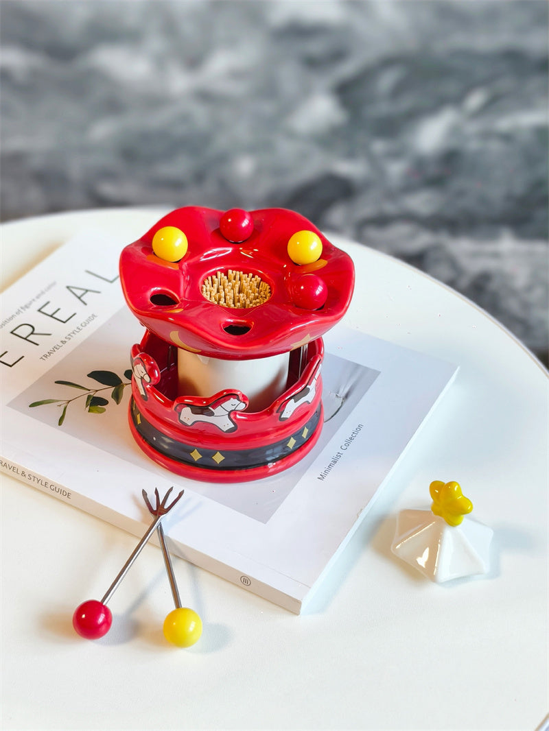 Carousel Ceramic Toothpick Holder with Fruit Forks - Festive Red Desktop Organizer for Kitchen & Dining