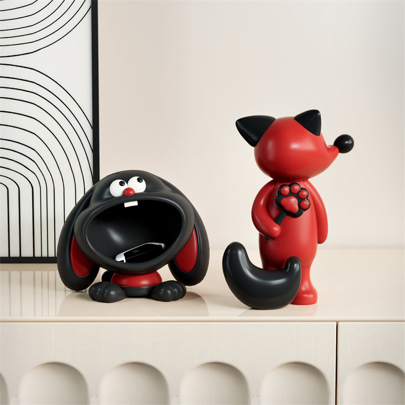 Cartoon Fox & Dog Decor Storage - Playful Animal-Themed Figurine & Remote Holder for Living Room Desks & Cabinets