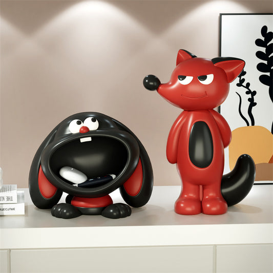 Cartoon Fox & Dog Decor Storage - Playful Animal-Themed Figurine & Remote Holder for Living Room Desks & Cabinets