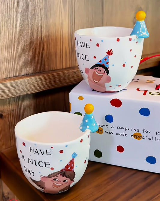 Cartoon Happy Boy And Girl Ceramic Coffee Cup, Creative Gift