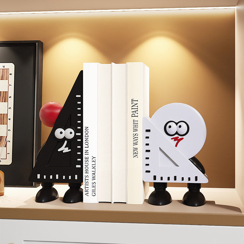 Cartoon Ruler & Set Square Bookends - Cute Math-Themed Decorative Bookend Set