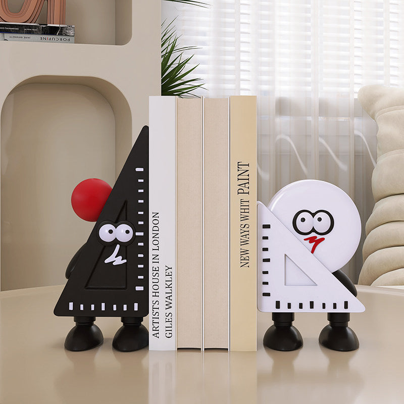 Cartoon Ruler & Set Square Bookends - Cute Math-Themed Decorative Bookend Set