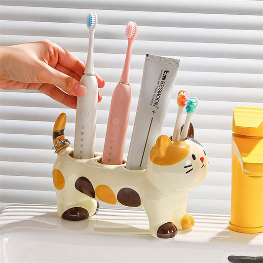 Cat - Shaped Ceramic Toothbrush Holder, Cute Bathroom Organizer for Toothbrushes and Toothpaste