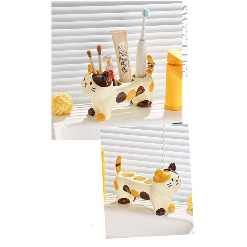Cat - Shaped Ceramic Toothbrush Holder, Cute Bathroom Organizer for Toothbrushes and Toothpaste
