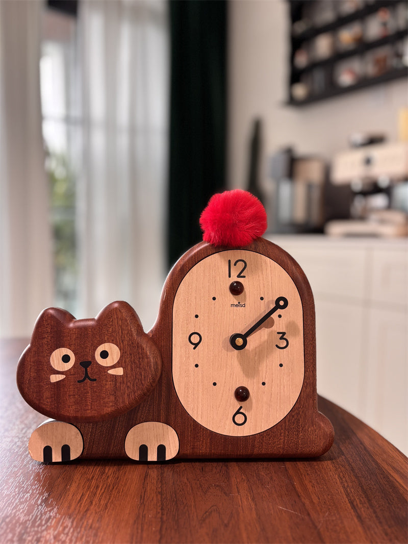 Cat - Shaped Wooden Table Clock, Cute Home&Office Decorative Desk Clock