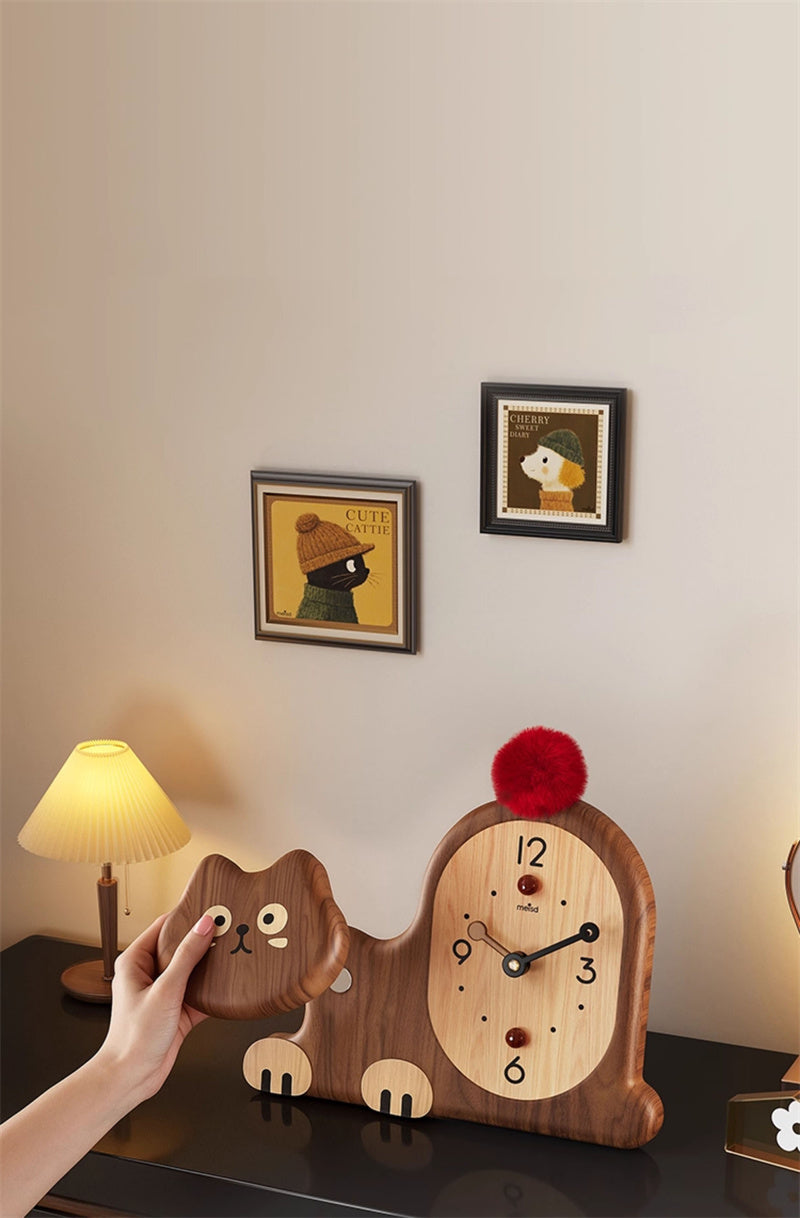 Cat - Shaped Wooden Table Clock, Cute Home&Office Decorative Desk Clock
