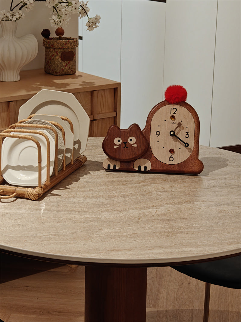 Cat - Shaped Wooden Table Clock, Cute Home&Office Decorative Desk Clock