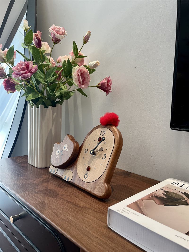 Cat - Shaped Wooden Table Clock, Cute Home&Office Decorative Desk Clock