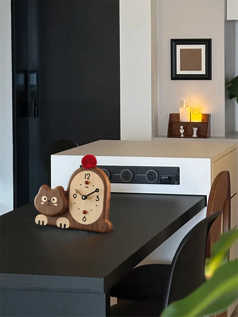 Cat - Shaped Wooden Table Clock, Cute Home&Office Decorative Desk Clock
