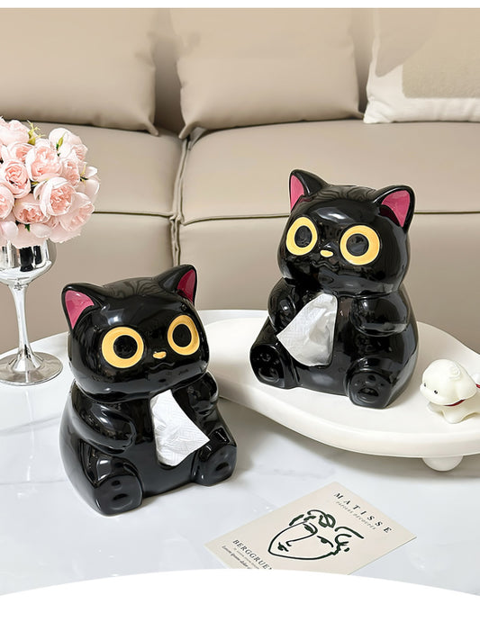 Ceramic Black Cat Tissue Box - Cute Home Decor,Desktop Organization