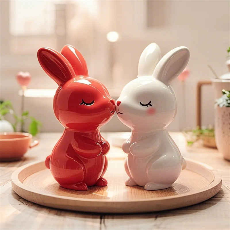 Ceramic Bunny Figurine Set - Cute Red & White Rabbit Statues for Home Decor Wedding Gift