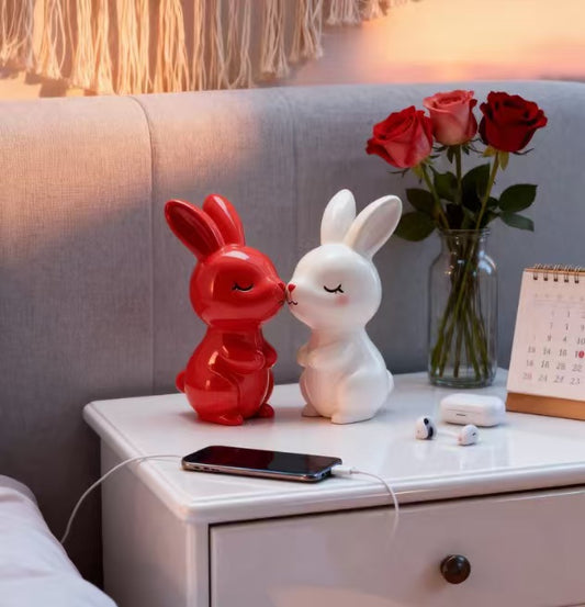Ceramic Bunny Figurine Set - Cute Red & White Rabbit Statues for Home Decor Wedding Gift