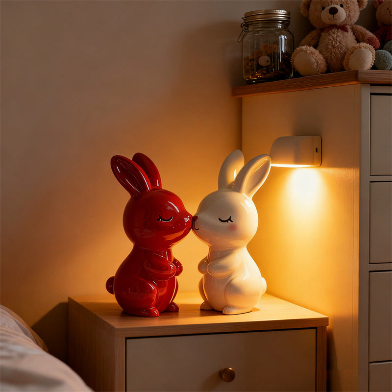 Ceramic Bunny Figurine Set - Cute Red & White Rabbit Statues for Home Decor Wedding Gift