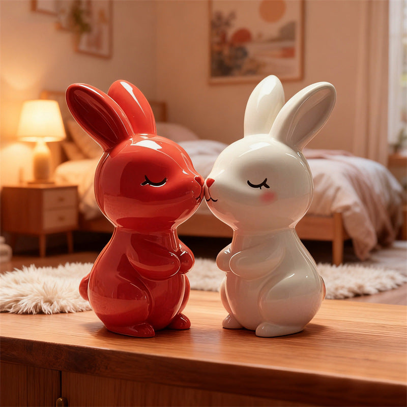 Ceramic Bunny Figurine Set - Cute Red & White Rabbit Statues for Home Decor Wedding Gift