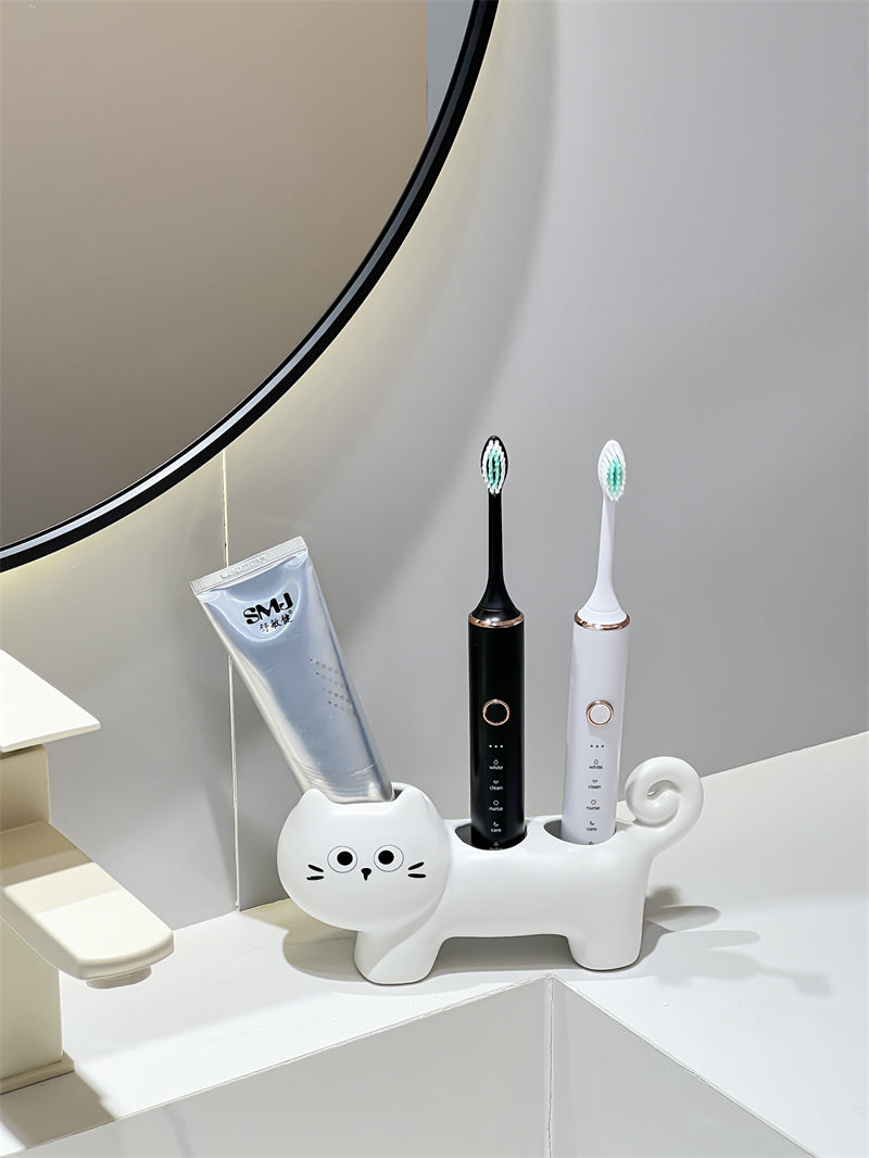 Ceramic Cat Toothbrush Holder,  Bathroom Organizer for Electric Toothbrushes and Toothpaste