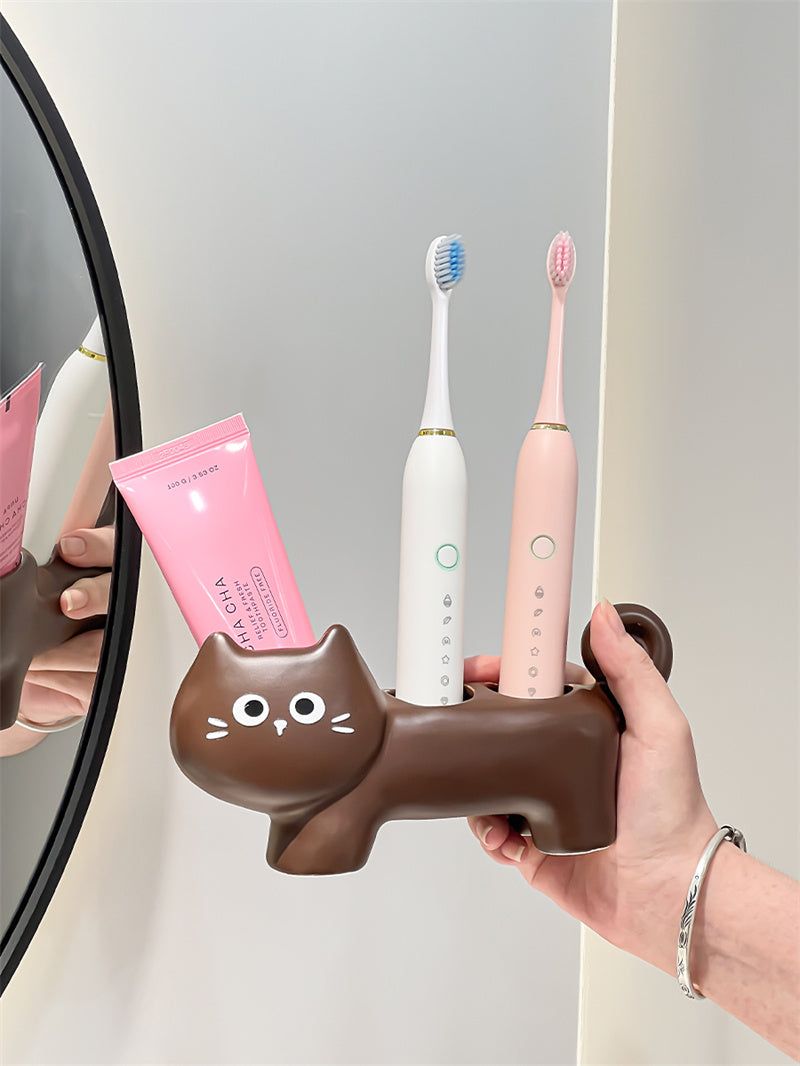 Ceramic Cat Toothbrush Holder,  Bathroom Organizer for Electric Toothbrushes and Toothpaste