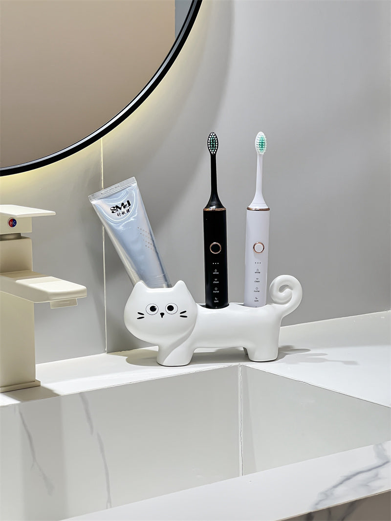 Ceramic Cat Toothbrush Holder,  Bathroom Organizer for Electric Toothbrushes and Toothpaste