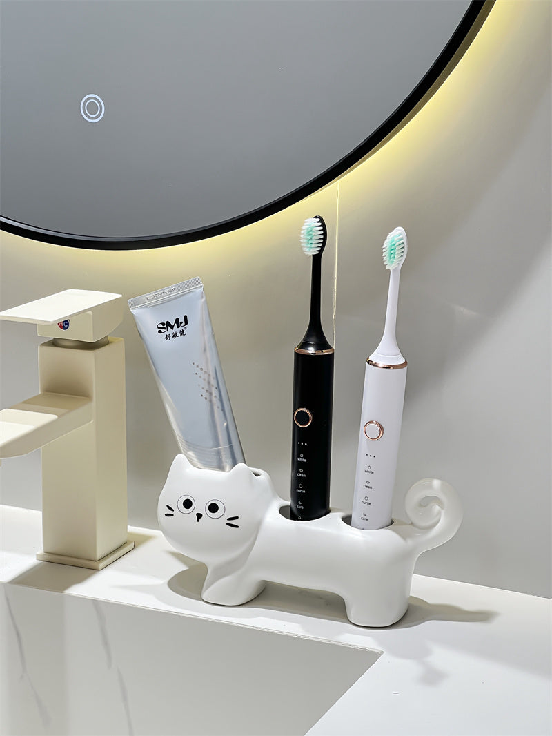 Ceramic Cat Toothbrush Holder,  Bathroom Organizer for Electric Toothbrushes and Toothpaste