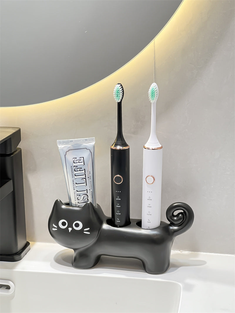 Ceramic Cat Toothbrush Holder,  Bathroom Organizer for Electric Toothbrushes and Toothpaste