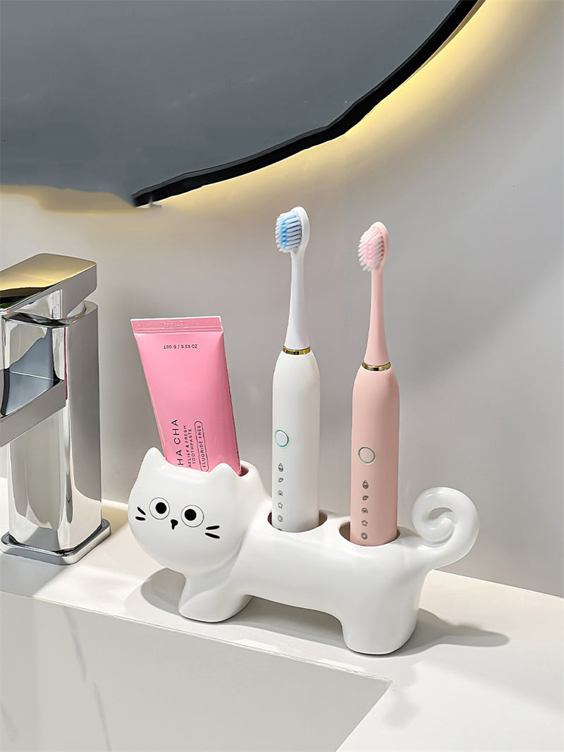 Ceramic Cat Toothbrush Holder,  Bathroom Organizer for Electric Toothbrushes and Toothpaste