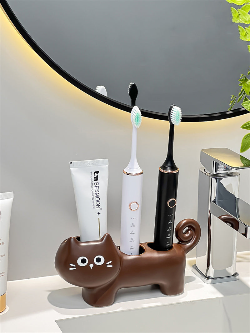 Ceramic Cat Toothbrush Holder,  Bathroom Organizer for Electric Toothbrushes and Toothpaste