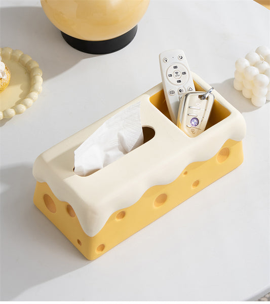 Ceramic Cheese Tissue Box with Storage Compartment, Multi - Functional Desk Organizer