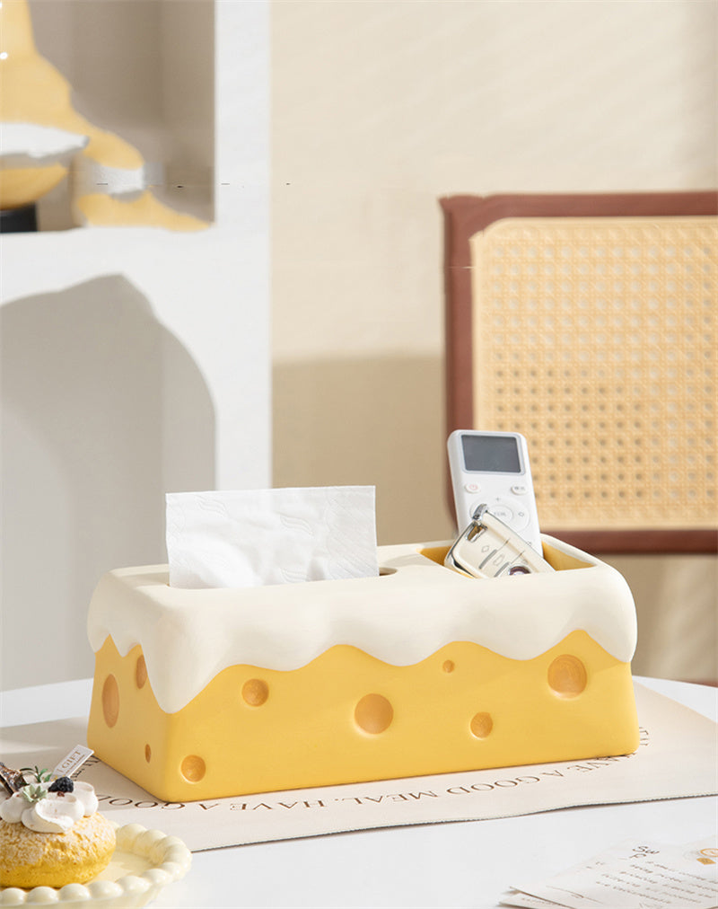 Ceramic Cheese Tissue Box with Storage Compartment, Multi - Functional Desk Organizer