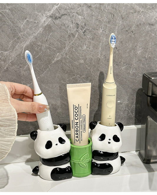 Ceramic Panda Toothbrush & Pen Holder - Playful Bamboo Bathroom Organizer