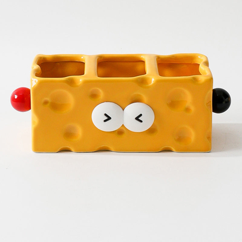 Cheese-Shaped Ceramic Multi-Compartment Organizer -  Desktop Storage for Remotes, Makeup Brushes & Desk Supplies