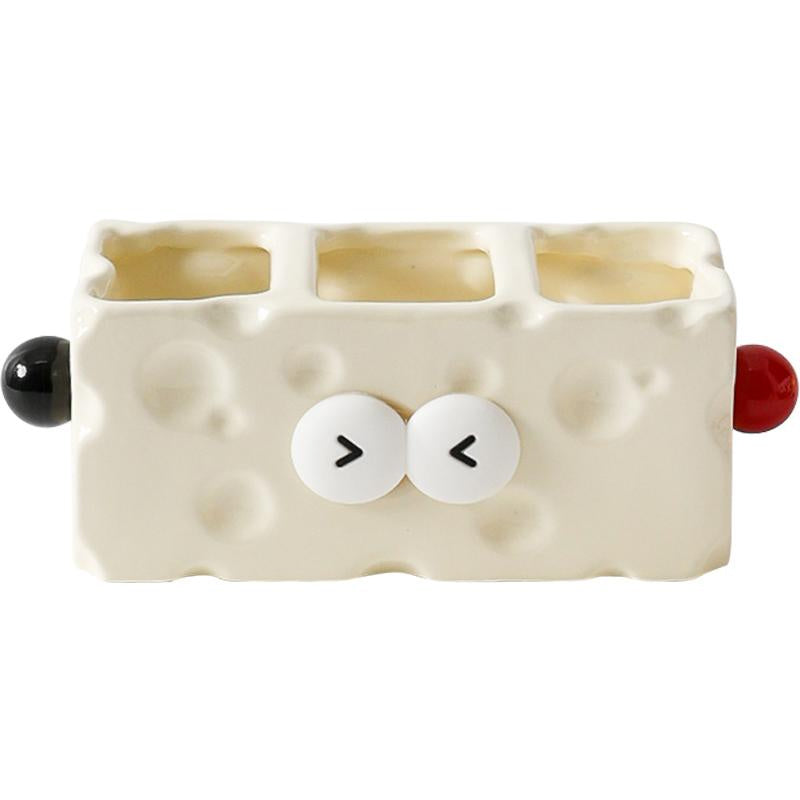 Cheese-Shaped Ceramic Multi-Compartment Organizer -  Desktop Storage for Remotes, Makeup Brushes & Desk Supplies