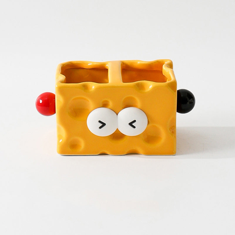 Cheese-Shaped Ceramic Multi-Compartment Organizer -  Desktop Storage for Remotes, Makeup Brushes & Desk Supplies
