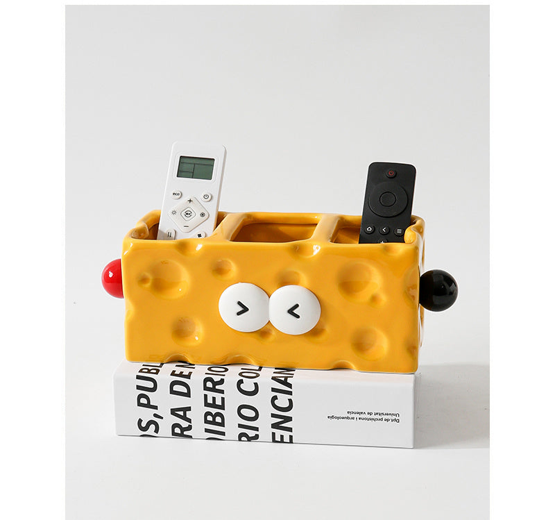 Cheese-Shaped Ceramic Multi-Compartment Organizer -  Desktop Storage for Remotes, Makeup Brushes & Desk Supplies