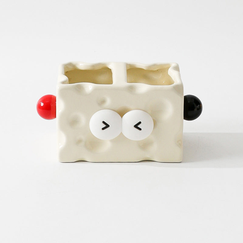 Cheese-Shaped Ceramic Multi-Compartment Organizer -  Desktop Storage for Remotes, Makeup Brushes & Desk Supplies