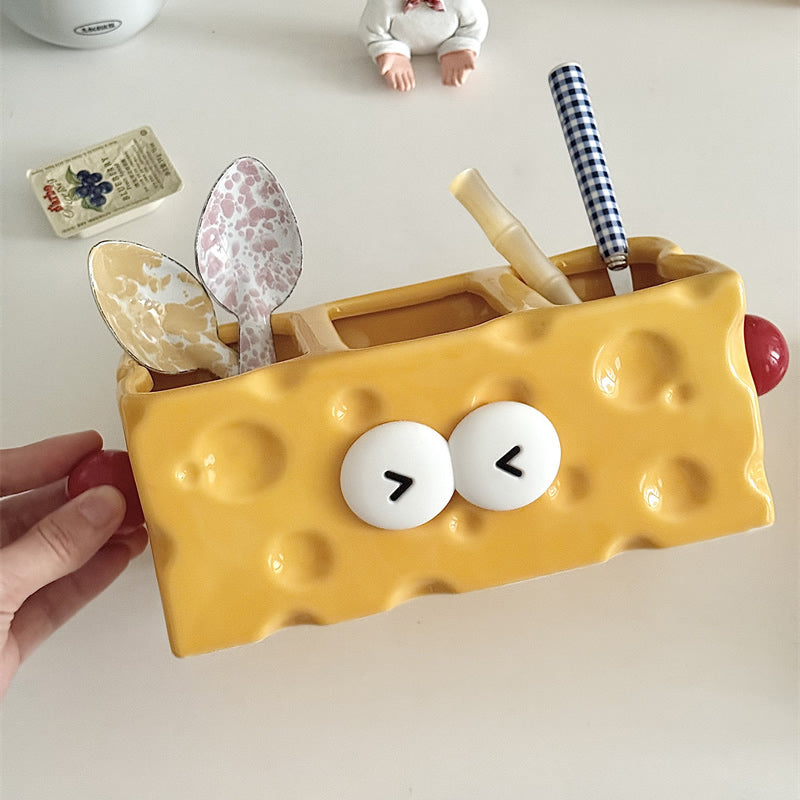 Cheese-Shaped Ceramic Multi-Compartment Organizer -  Desktop Storage for Remotes, Makeup Brushes & Desk Supplies