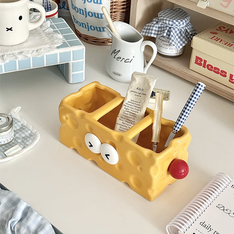 Cheese-Shaped Ceramic Multi-Compartment Organizer -  Desktop Storage for Remotes, Makeup Brushes & Desk Supplies